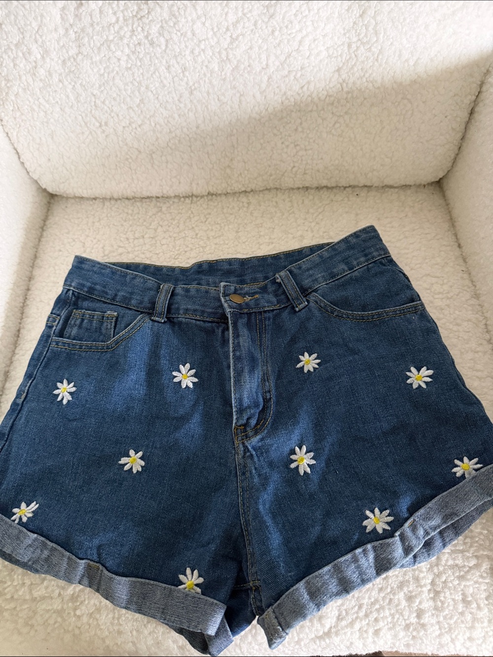 SHEIN Blue Denim Daisy Embroidered High-Rise Shorts